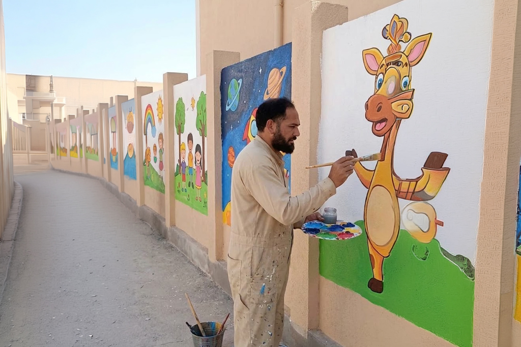 Fan Al Dhan artist painting a colourful wall mural