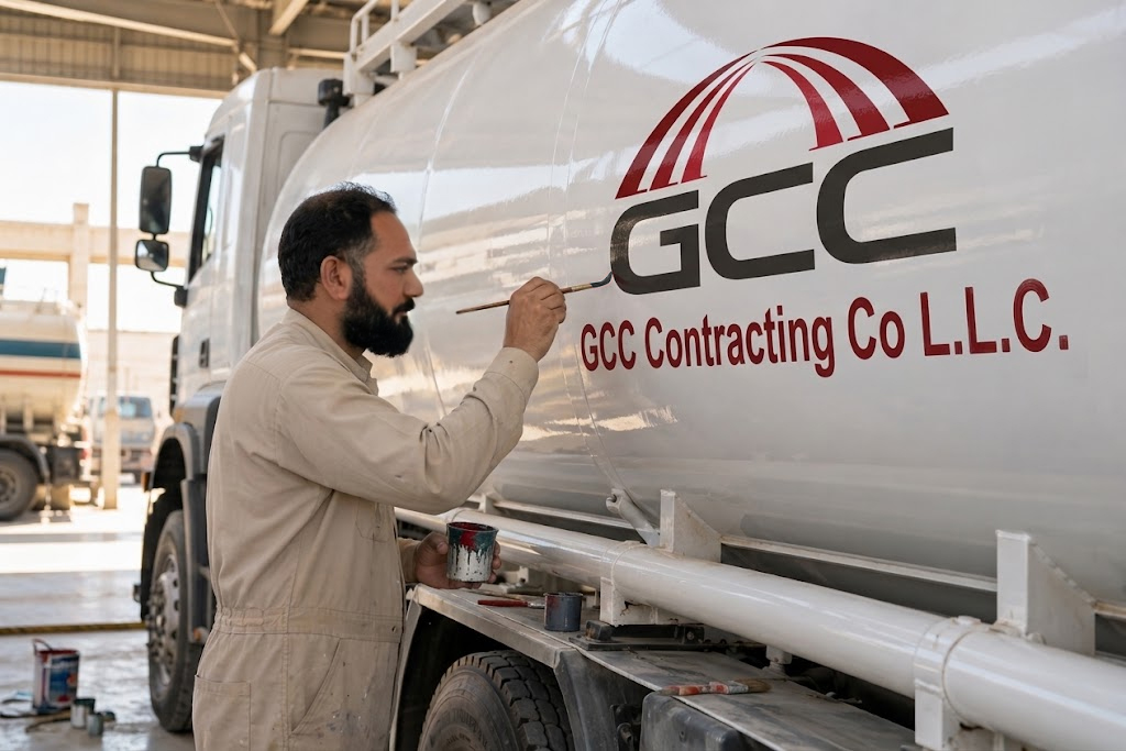 Hand painted company logo and lettering on an oil tanker